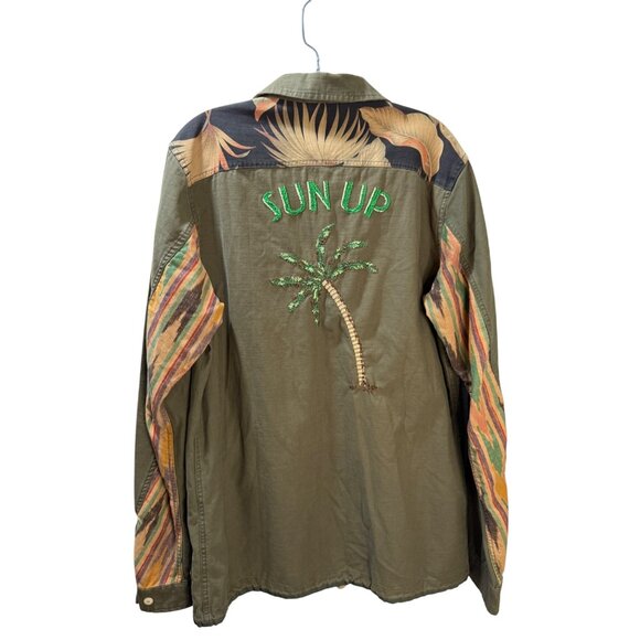 Vintage-Style Olive Green Jacket With Embroidered Palm Tree & "Sun Up" Design Mu - Picture 2 of 9